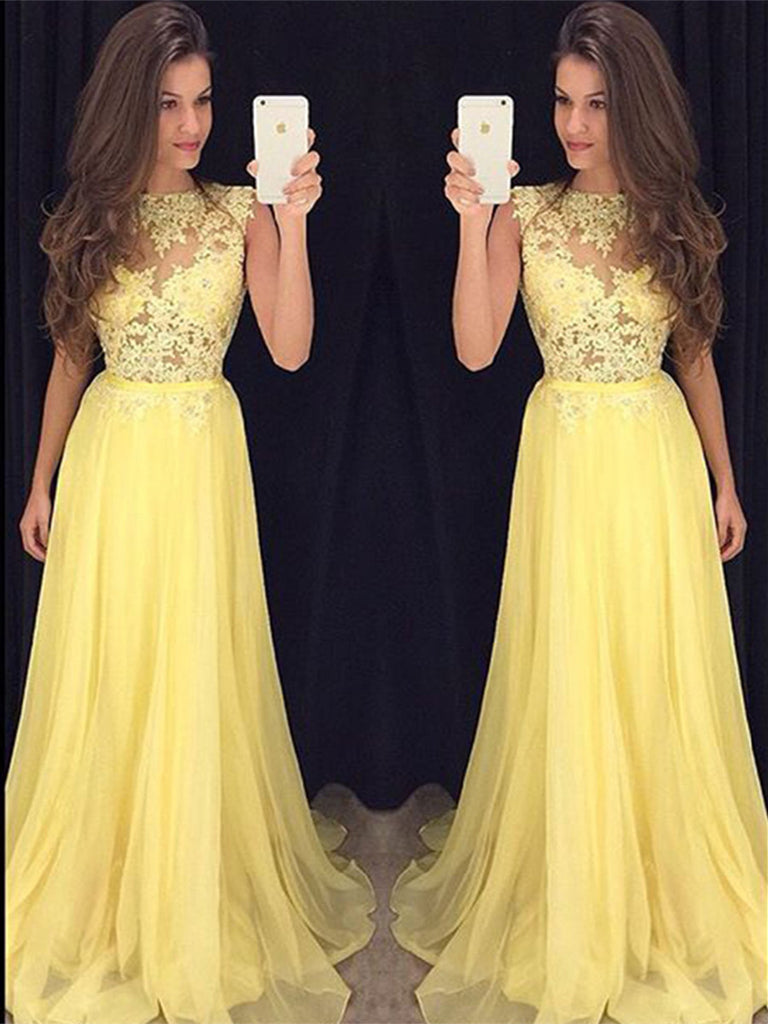 A Line Round Neck Yellow Lace Prom ...